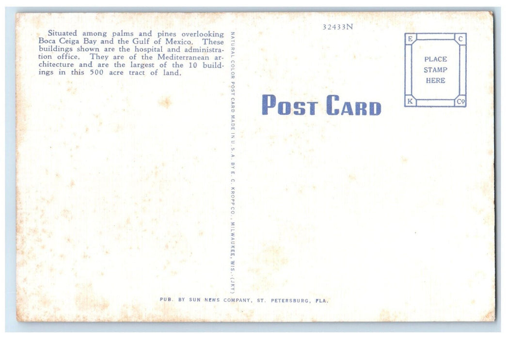 1940 Night Veterans Hospital Administration Building Bay Pines Florida Postcard