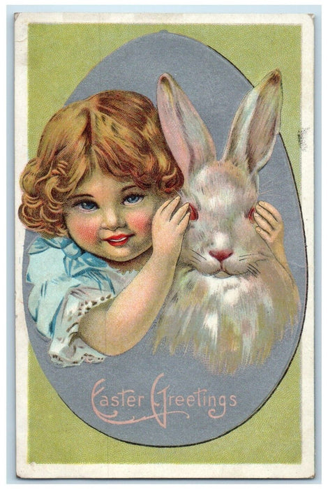 c1910's Easter Greetings Egg Cute Girl And Rabbit Embossed Antique Postcard