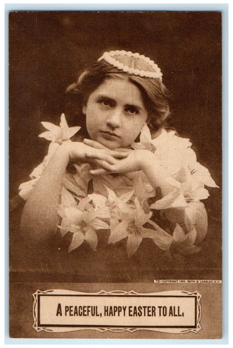 c1910's Happy Easter Pretty Girl Lilies Flowers Posted Antique Postcard