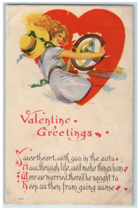 c1910's Valentine Greetings Big Heart Girl Driving Posted Antique Postcard