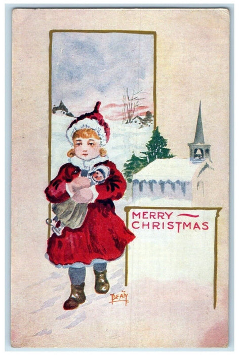 c1910's Merry Christmas Girl With Doll Winter House Church Antique Postcard