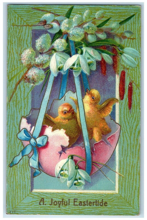 c1910s Easter Chicks In Hatched Egg Cattail Pipe Berry Embossed Antique Postcard