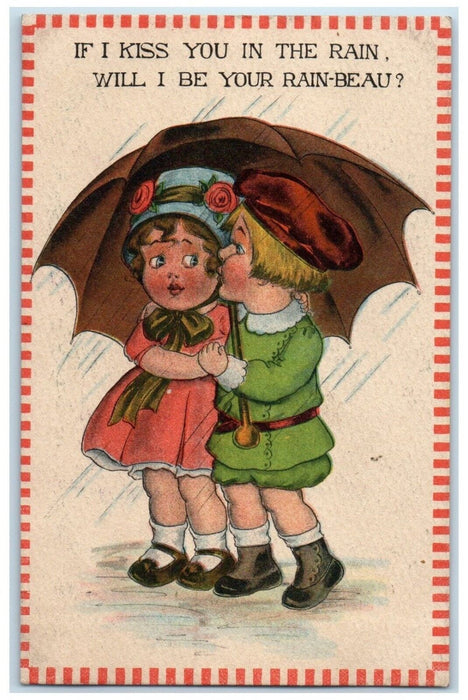 c1910's Valentine Sweet Children Sweetheart Umbrella Unposted Antique Postcard