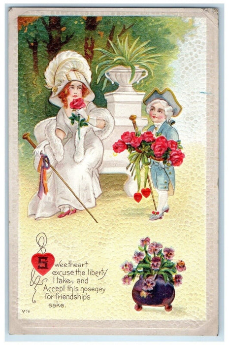 c1910's Valentine Couple Sweetheart Big Hat Feather Roses Embossed Postcard