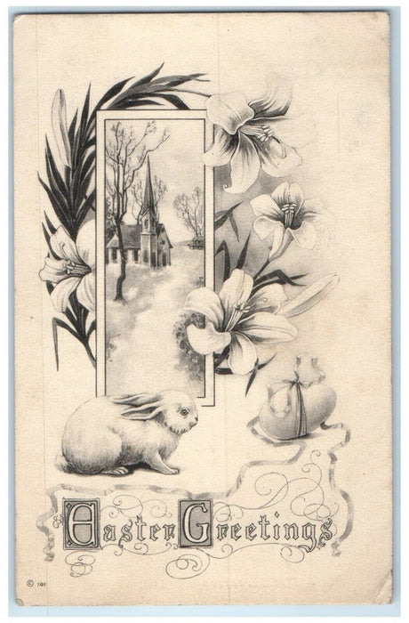 c1910's Easter Greetings Rabbit Egg Lilies Flowers Church Winter Posted Postcard