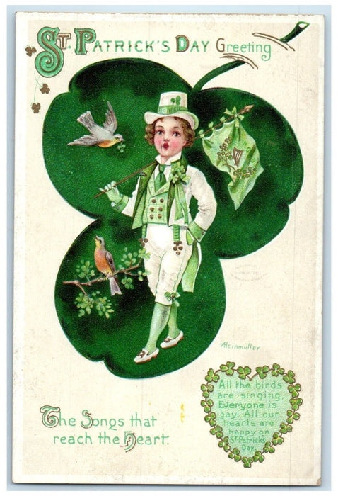 St. Patrick's Day Greeting Giant Shamrock Boy Song Bird Clapsaddle Postcard