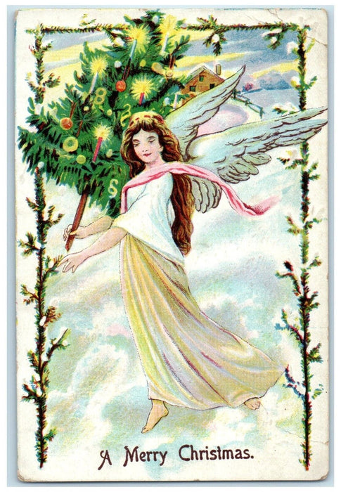 c1910's Christmas Tree Decorated Holding Angel Embossed Antique Postcard