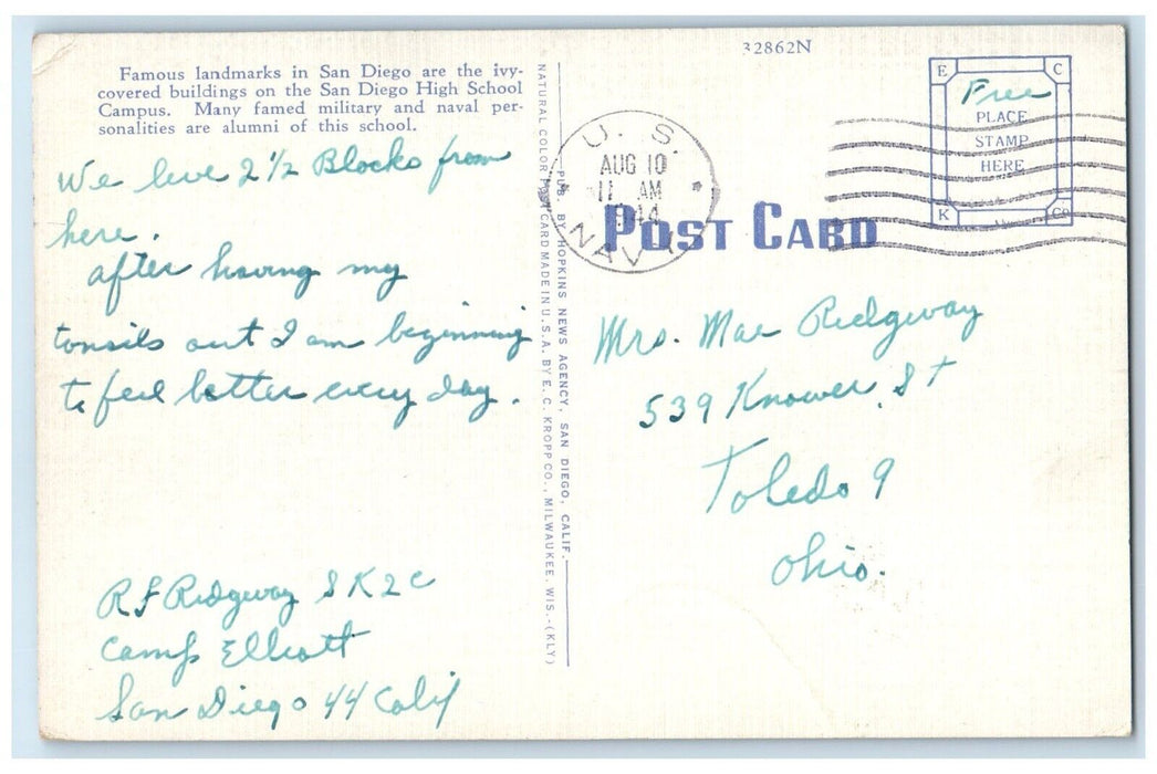 1944 Exterior View San Diego High School Building San Diego California Postcard