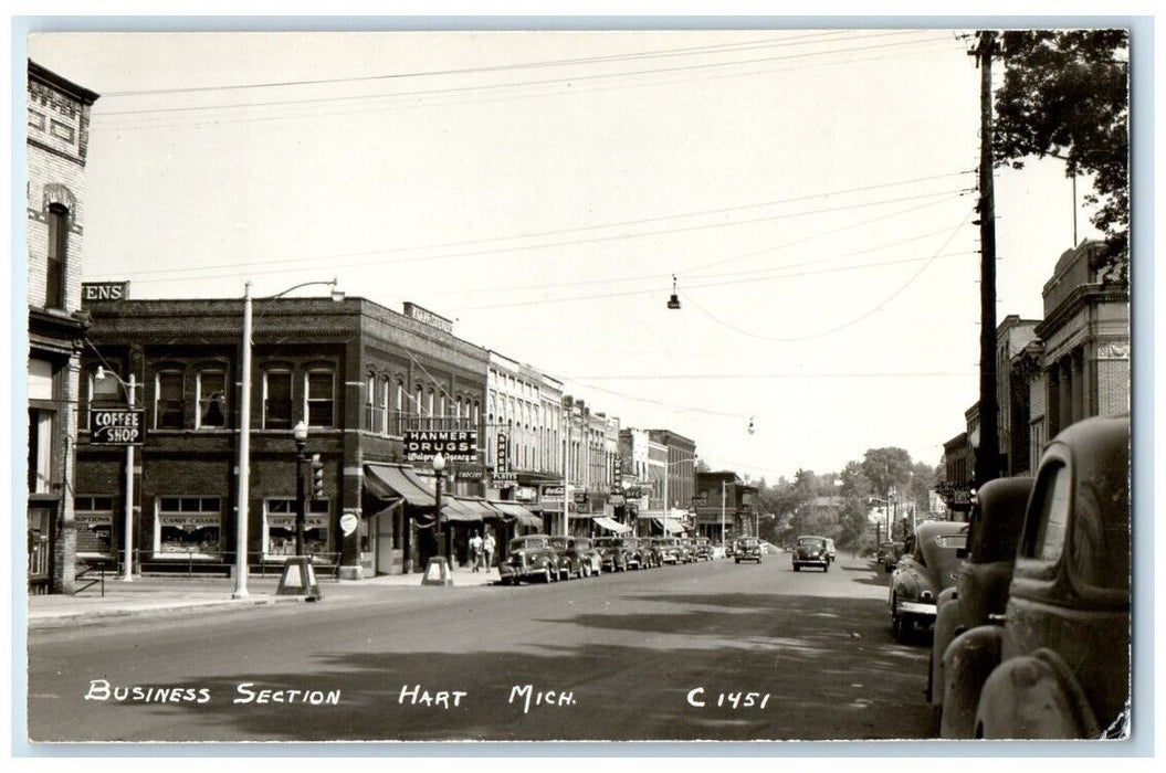 c1950's Business Section Street Drug Store Coffee Hart MI RPPC Photo Postcard
