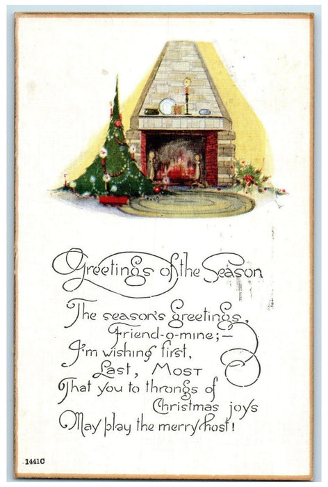 1923 Christmas Greetings Fireplace Decorated Christmas Tree Tied Seal Postcard