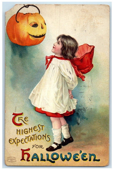 1911 Halloween Girl Pumpkin Basket Ellen Clapsaddle Artist Signed Postcard