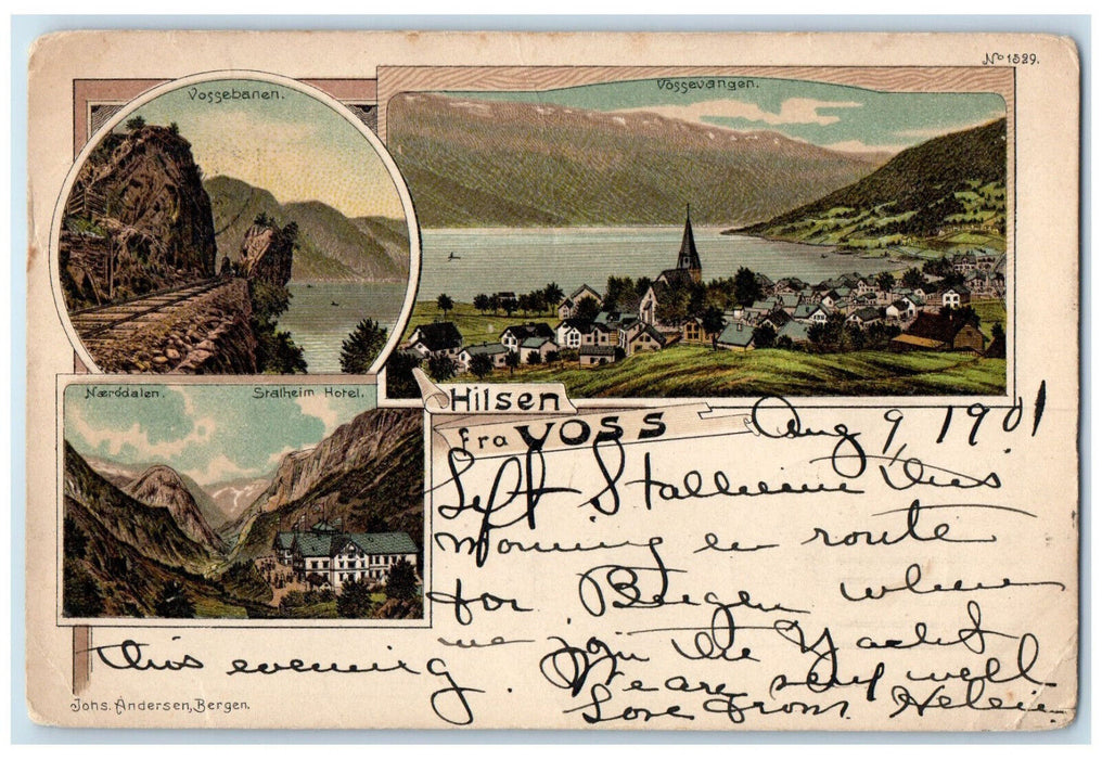 1901 Greetings from Voss Vestland County Norway Multiview Antique Postcard