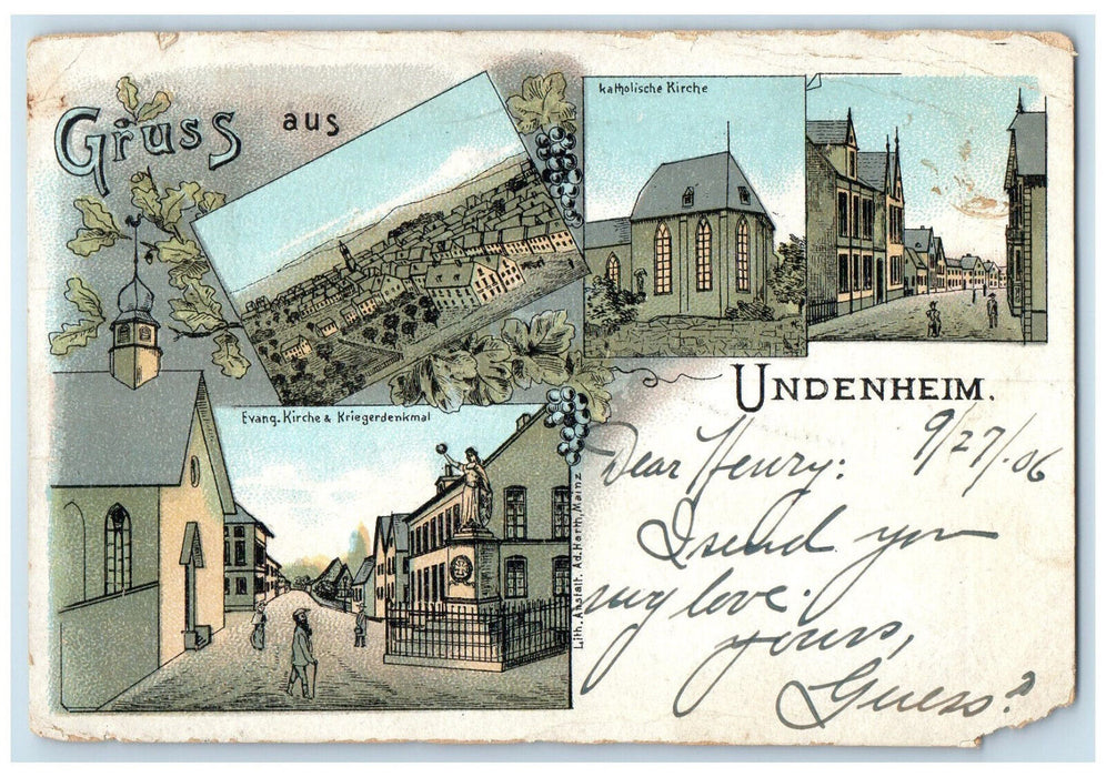 1906 Catholic Church Greetings from Undenheim Germany Multiview Posted Postcard