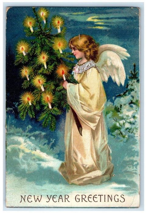 New Year Greeting Angel Holding Christmas Tree Candle Lights Clapsaddle Postcard