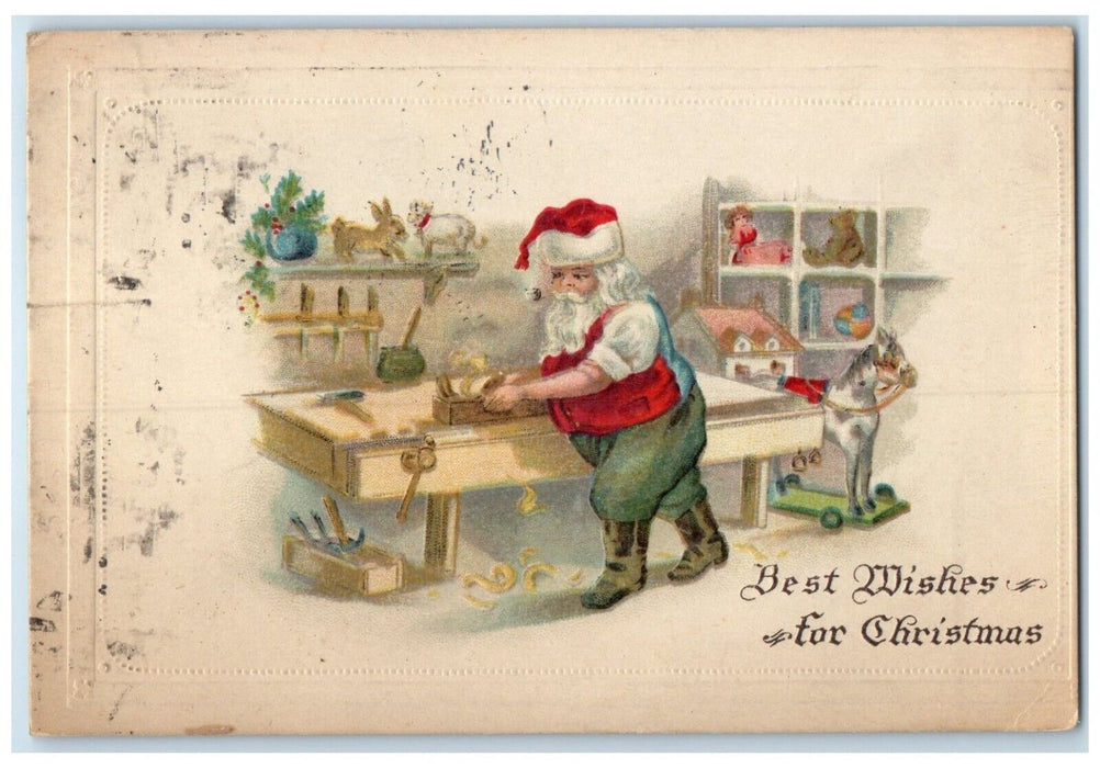 1910 Christmas Santa Claus Toys Workshop Embossed Carthage Illinois IL Postcard
