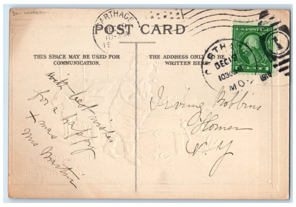 1910 Christmas Santa Claus Toys Workshop Embossed Carthage Illinois IL Postcard