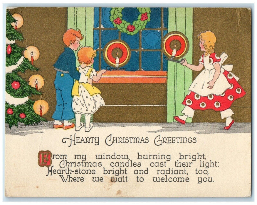 c1905 Christmas Greetings Children On Window With Candle Art Deco Postcard