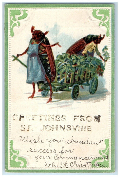 Anthropomorphic Lightning Bug Firefly Greetings From St. Johnsville NY Postcard