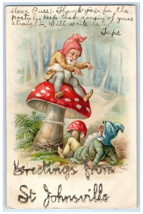 1906 Gnomes Elves Mushroom Fantasy Greetings From St. Johnsville NY Postcard