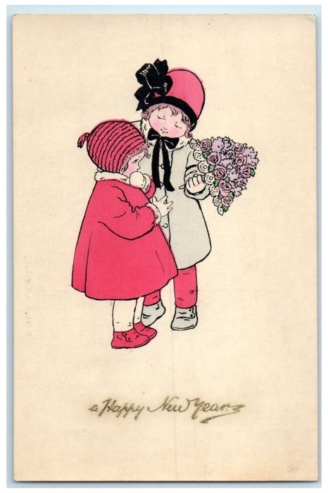 c1910's Happy New Year Children With Flowers Doll Munk Unposted Antique Postcard