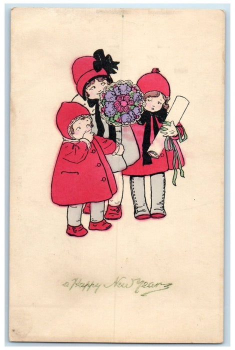 c1910's Happy New Year Girls With Flowers Bouquet Munk Antique Postcard