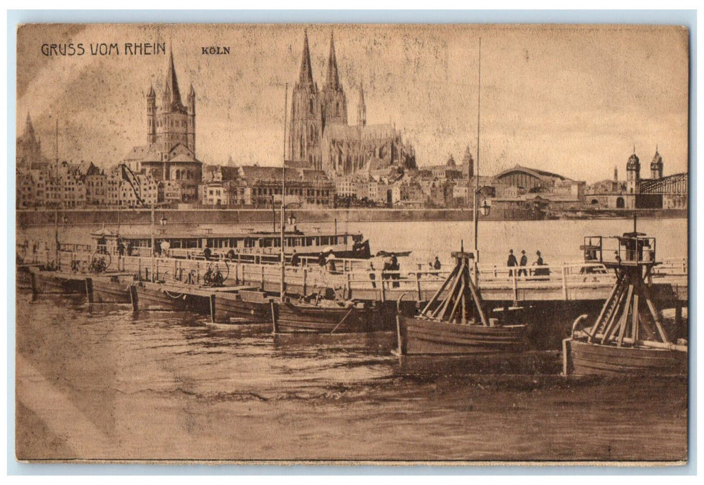 c1910 Boat Landing Greetings From Rhein Cologne Germany Unposted Postcard