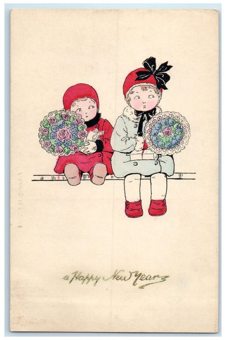 c1910's Happy New Year Children With Flowers Bouquet Munk Antique Postcard
