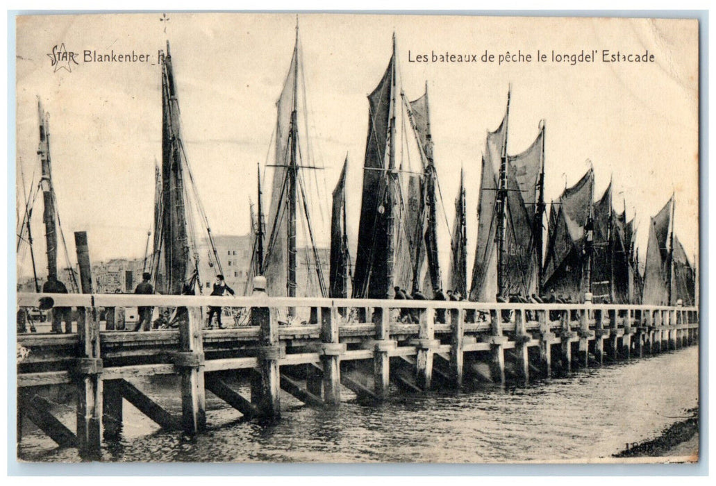1929 The Boats with Flag Fishing Along The Pier Blankenberge Belgium Postcard