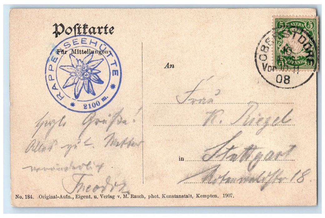 1908 Allgäu Alps Rappenseehutte Germany Heilbronner Weg 1 Series Postcard