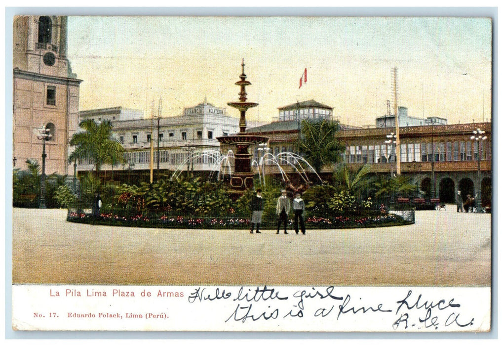 c1905 Fountain View The Pila Plaza De Armas Lima Peru Antique Posted Postcard