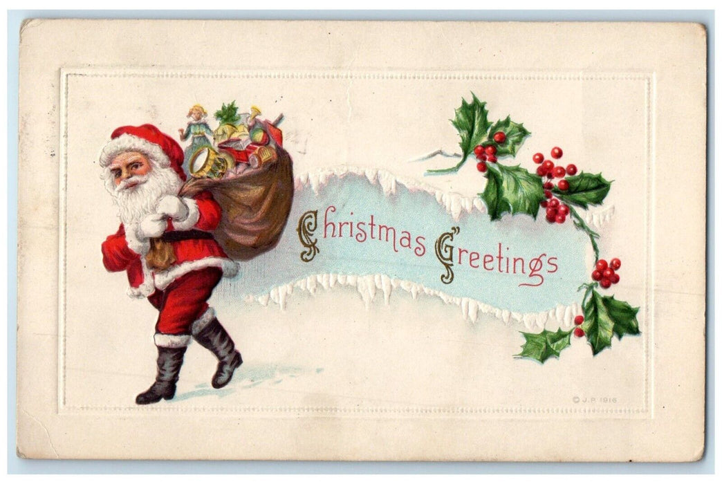 1916 Christmas Greetings Santa Claus Sack Of Toys Holly Berries Antique Postcard