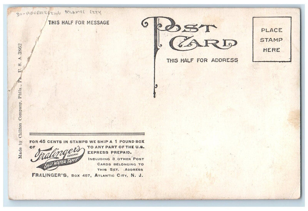 c1910's High Tide On A Box Fralingers Advertising Atlantic City NJ Postcard