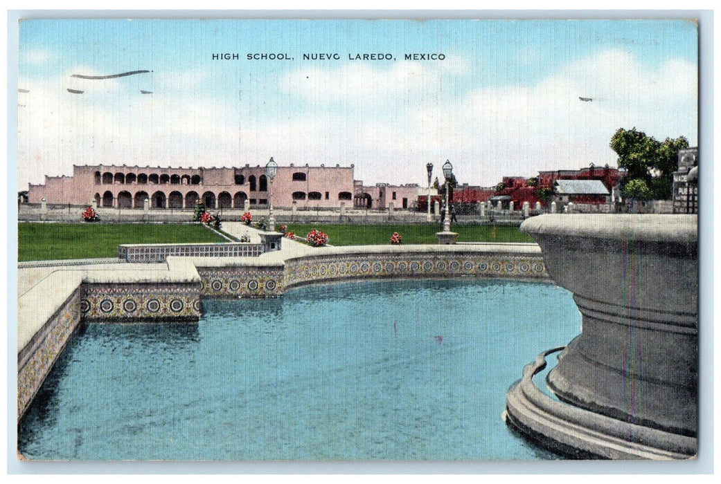 1942 Side of A Fountain High School Nuevo Laredo Mexico Vintage Posted Postcard