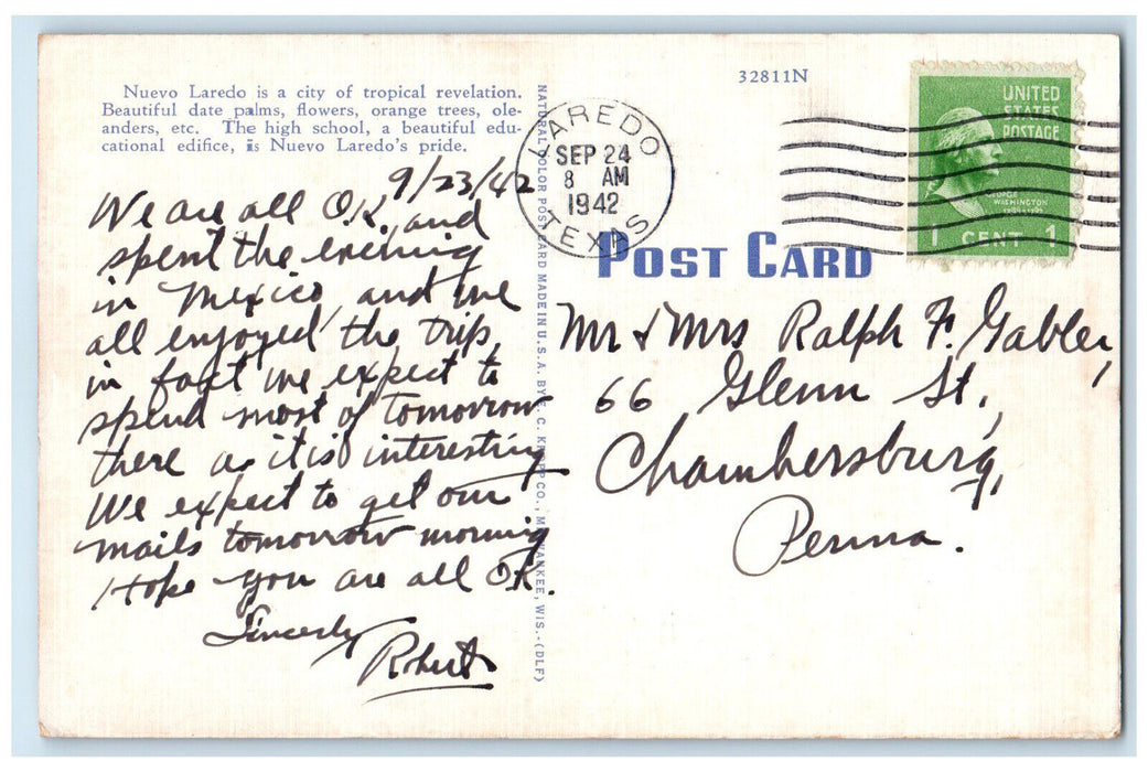 1942 Side of A Fountain High School Nuevo Laredo Mexico Vintage Posted Postcard