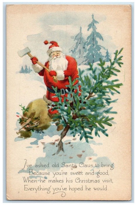 1920 Christmas Santa Claus Sack Of Toys Hatchet In Winter Gibson Posted Postcard
