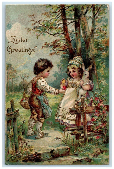 1907 Easter Greetings Children Collecting Eggs Bunny Embossed Antique Postcard