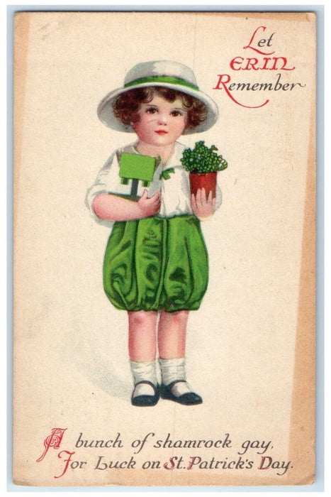 1923 St. Patricks Day Little Girl Holding Shamrock Wolf Philadelphia PA Postcard