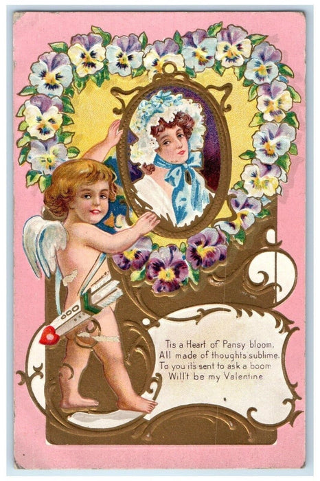 c1910's Valentine Cupid Angel Pansy Bloom Pretty Woman Embossed Antique Postcard