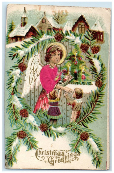 1908 Christmas Greetings Angel Toys Children Pine Cone Silk Embossed Postcard