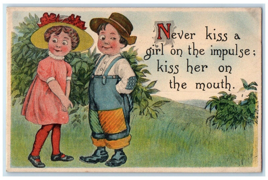 c1910's Valentine Little Sweetheart Never Kiss A Girl On The Impulse Postcard