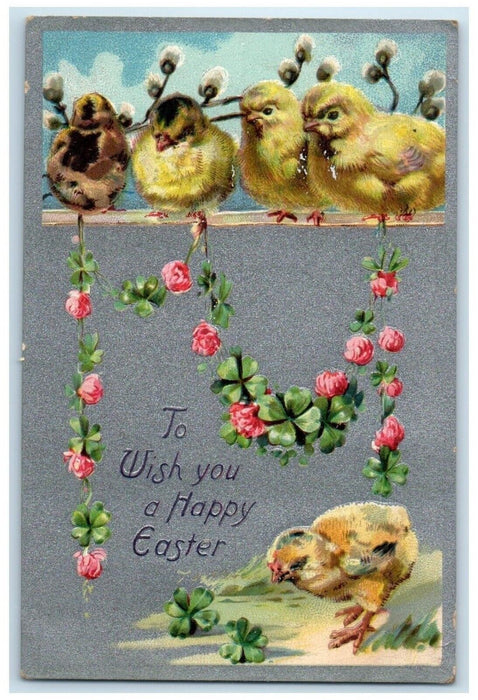 c1910's Easter Chicks Pipe Berry Roses Flowers Shamrock Embossed Tuck's Postcard