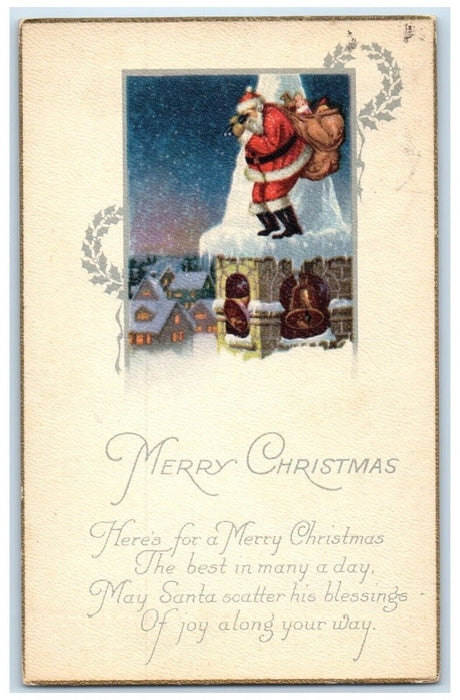 1923 Christmas Santa Claus On Top Of Tower Bell Brewer Maine Antique Postcard