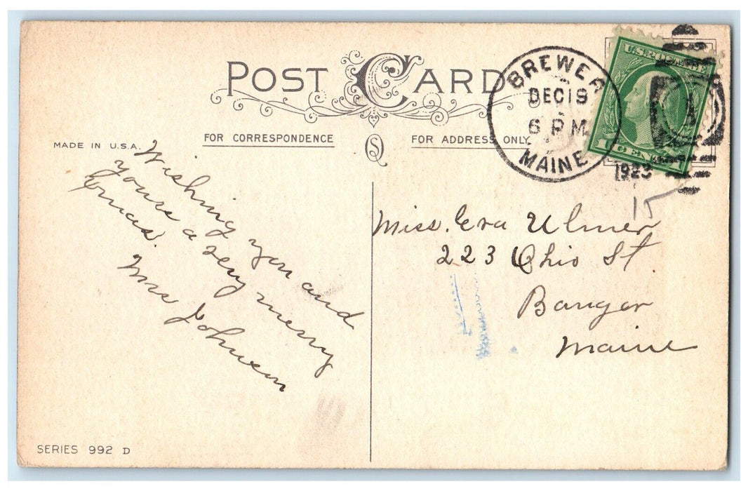1923 Christmas Santa Claus On Top Of Tower Bell Brewer Maine Antique Postcard