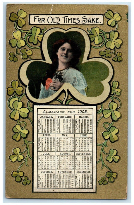 c1910's Woman In Shamrock Calendar For Old Times Sake Posted Antique Postcard