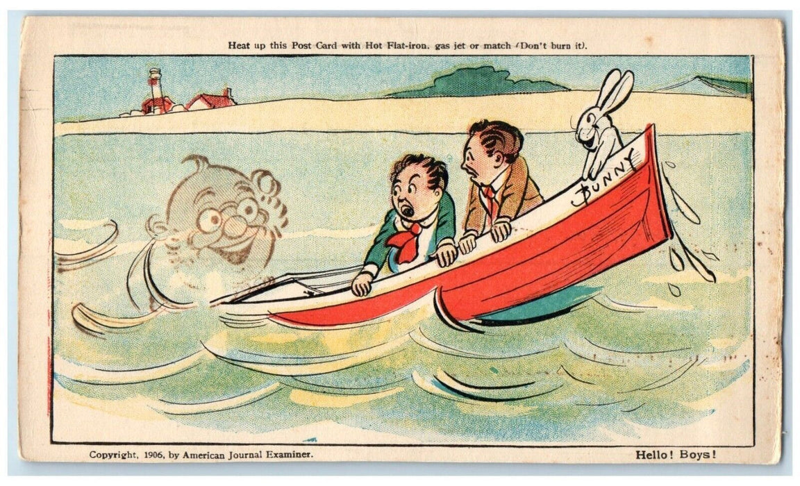 c1905 Man Sinking Boat Bunny Heat Up American Journal Antique Postcard
