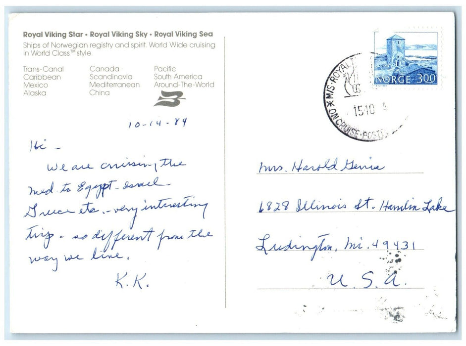 1984 Royal Viking Star Ships Norwegian World Wide Cruising World Class Postcard