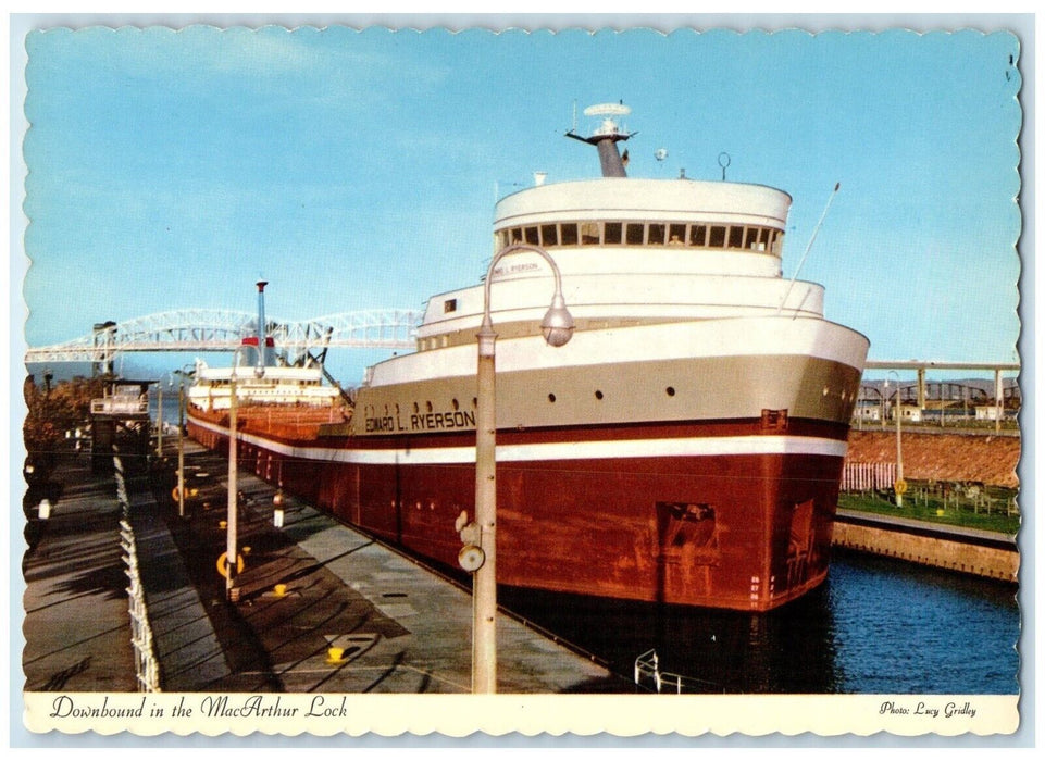 Downbound In The MacArthur Lock Edward L Ryerson Ship Michigan MI Postcard