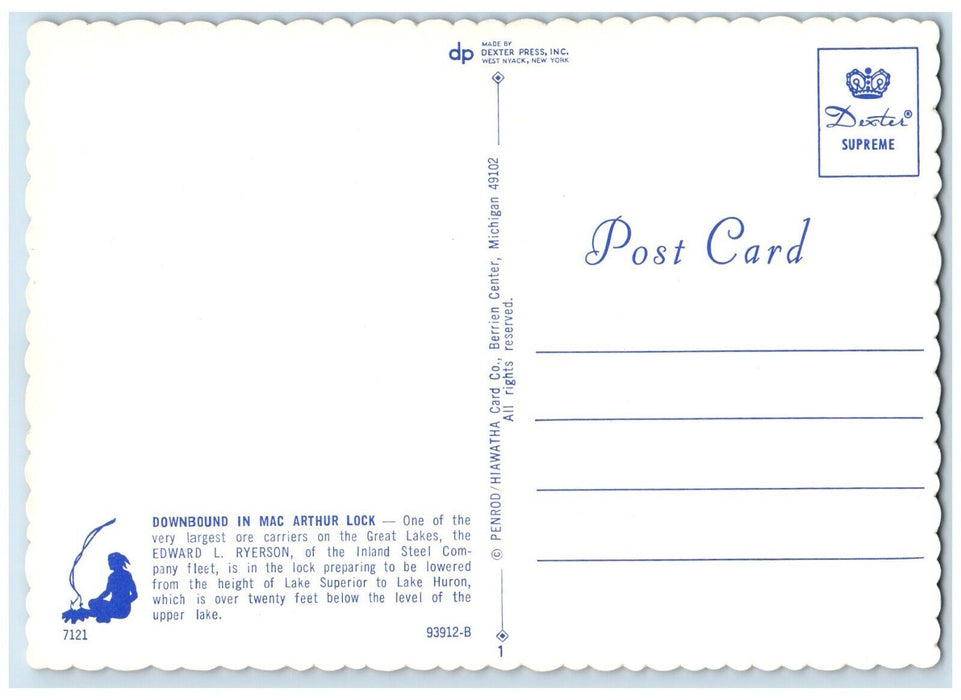 Downbound In The MacArthur Lock Edward L Ryerson Ship Michigan MI Postcard