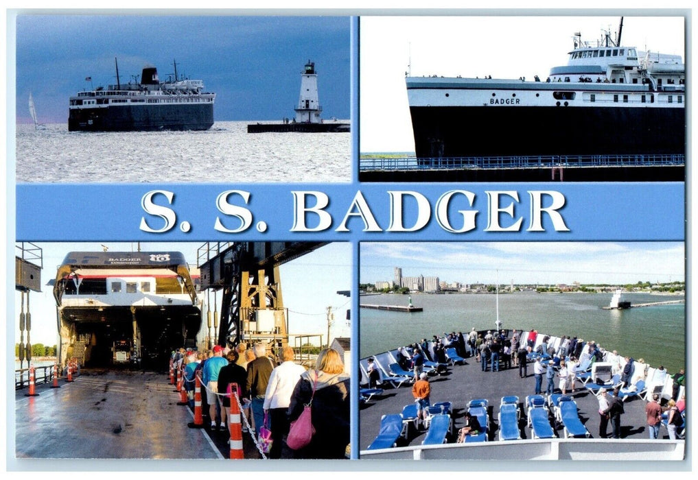 SS Badger Ferry Railroad Cars Across Lake Michigan Ludington Multiview Postcard
