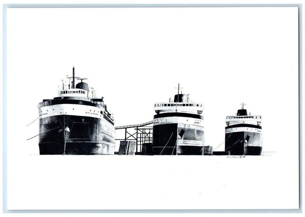 c1970's Steamer Ship Illustration In Pen & Ink Ludington Michigan MI Postcard